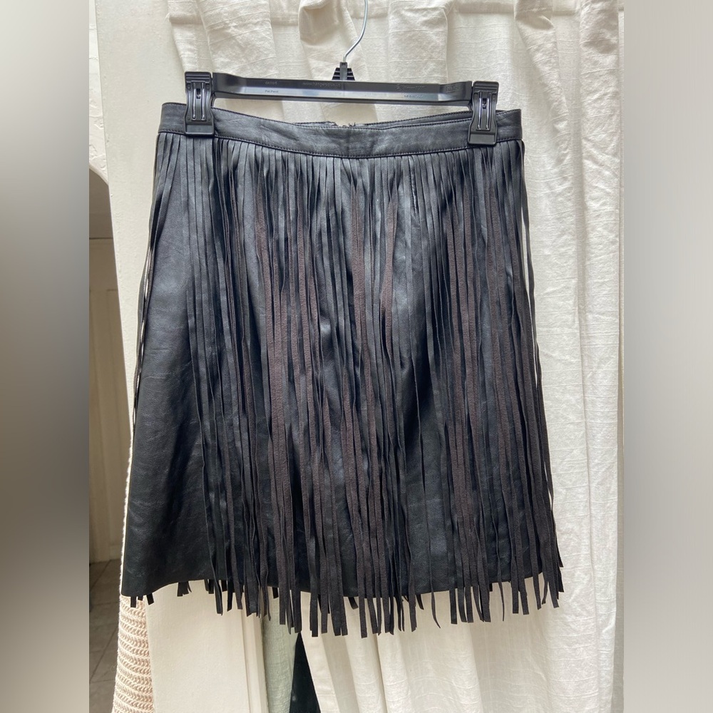 Black Fringe Leather Mini Skirt Small